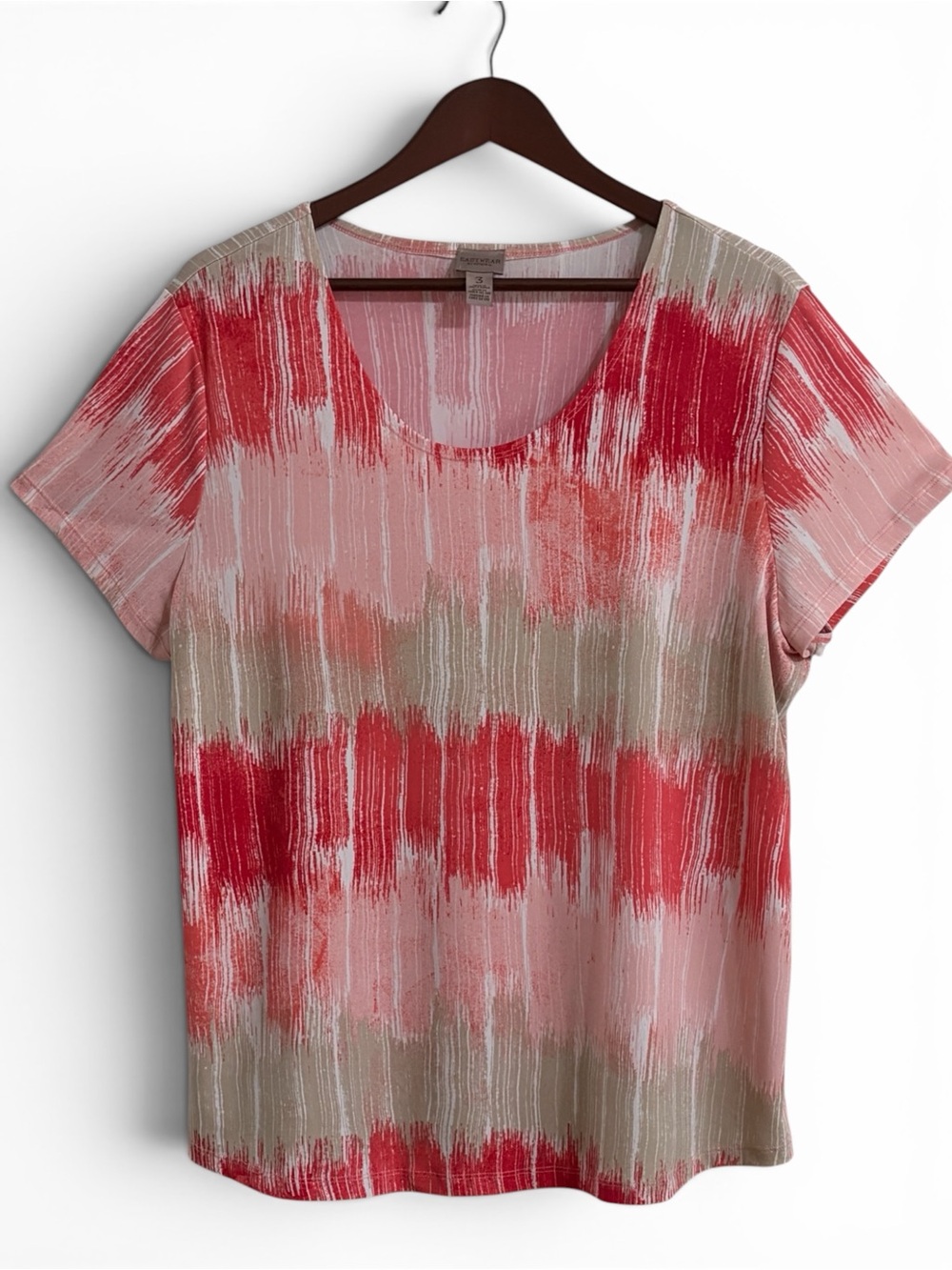 Chicos Sz 3 (XL)Scoop Neck Top - Coral Pink & Grey Brushstroke